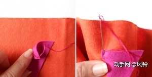 第五步：用颜色相近的绣线穿双线，把不织布片用平针法缝到大块毛毡布上。