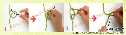 图1：先将毛线以箭头方向绕线。
图2：绕成圈状后打活结。