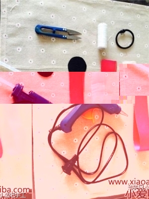 工具和材料：粉色金边丝带和粉色纱带长45cm宽2.5cm各一条，不织布圆片一个，发圈，针线，剪刀，胶枪