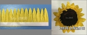     把黄色的伸缩纸剪成宽约25mm长纸条，在一边贴上宽约5mm的双面胶，将另一边剪出如图所示宽约3mm的花瓣，将剪好的长纸条贴在花盘上至花盘直径约30mm。