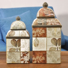 美式乡村风格家居装饰手绘陶瓷储物罐复古做旧客厅摆件手绘瓷罐子